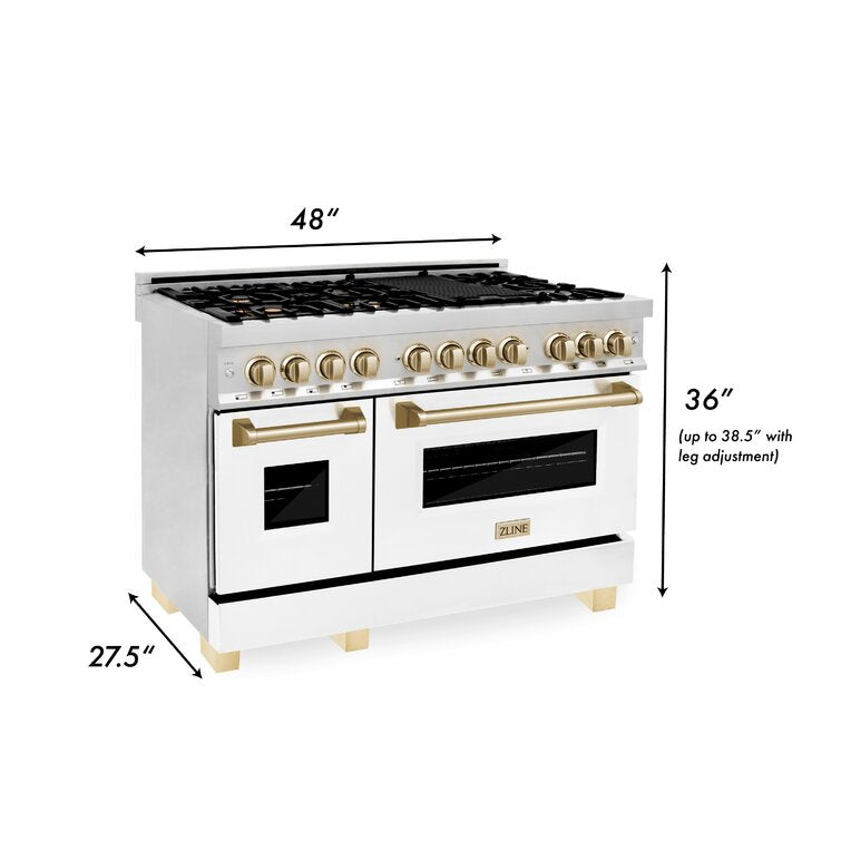 ZLINE Autograph Package - 48 In. Dual Fuel Range and Range Hood with White Matte Door and Gold Accents, 2AKP-RAWMRH48-G