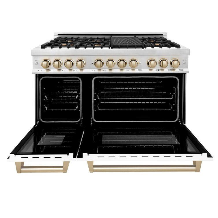 ZLINE Autograph Package - 48 In. Dual Fuel Range and Range Hood in Stainless Steel with White Matte Finish and Gold Accents, 2AKPR-RAWMRH48-G