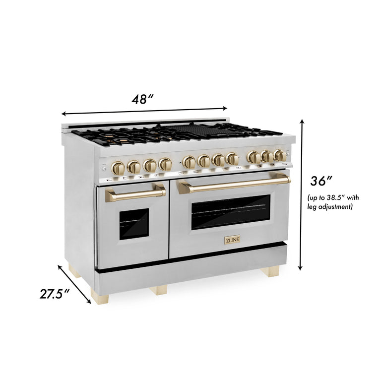 ZLINE Autograph Package - 48 In. Dual Fuel Range, Range Hood, Refrigerator, and Dishwasher in Stainless Steel with Gold Accents, 4KAPR-RARHDWM48-G