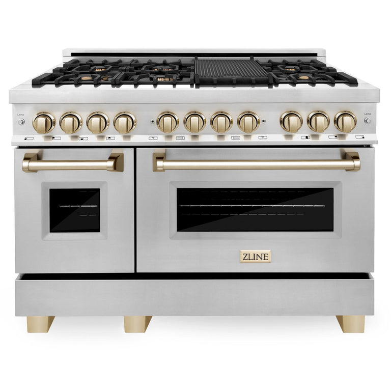 ZLINE Autograph Package - 48 In. Dual Fuel Range with Gold Accent, Range Hood, Dishwasher in Stainless Steel, 3AKP-RARHDWM48-G