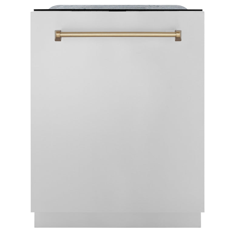 ZLINE Autograph Package - 48 In. Gas Range, Range Hood, Dishwasher in Stainless Steel with Champagne Bronze Accents, 3AKP-RGRHDWM48-CB