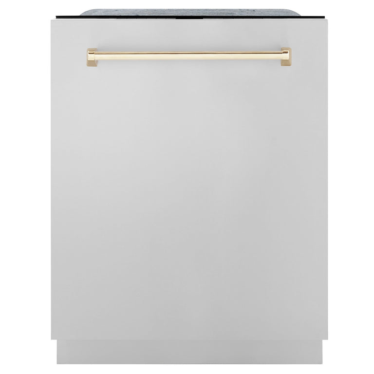 ZLINE Autograph Package - 48 In. Gas Range, Range Hood, Refrigerator, and Dishwasher in Stainless Steel with Gold Accents, 4KAPR-RGRHDWM48-G