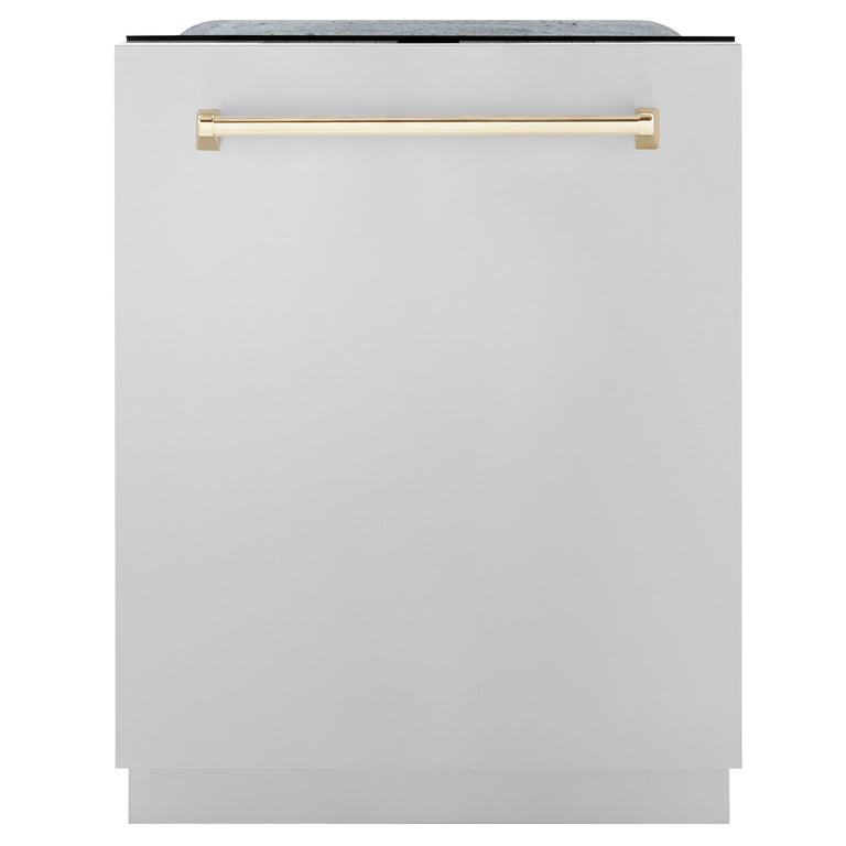 ZLINE Autograph Package - 36" Dual Fuel Range, Range Hood, Dishwasher, Refrigerator with Water & Ice Dispenser in Stainless Steel with Gold Accents