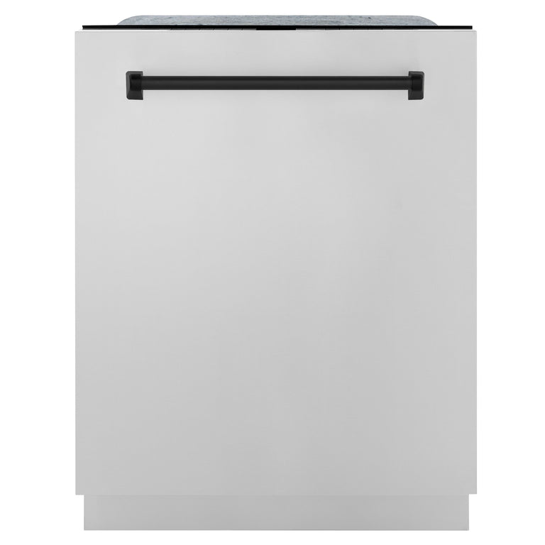 ZLINE Autograph Package - 36 In. Gas Range, Range Hood, Refrigerator, and Dishwasher in Stainless Steel with Matte Black Accents, 4AKPR-RGRHDWM36-MB