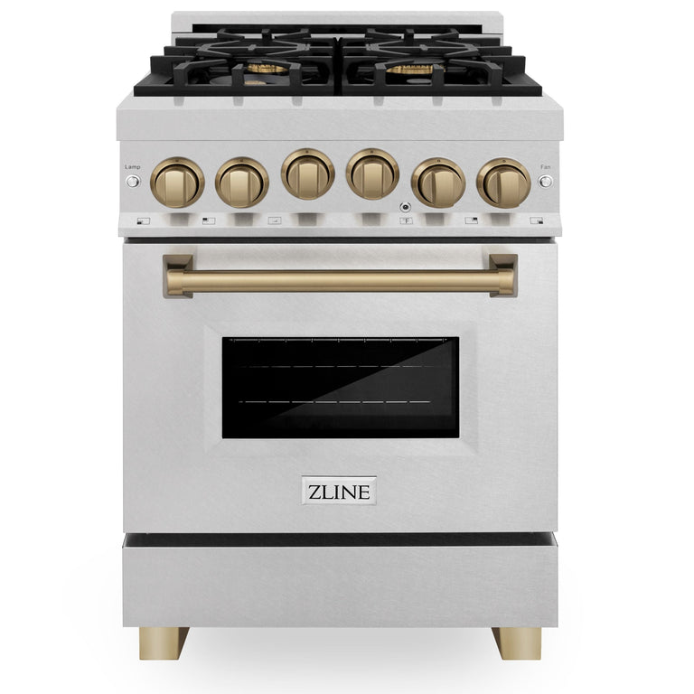 ZLINE Autograph Edition 24 in. Range with Gas Burner and Gas Oven in DuraSnow® Stainless Steel with Champagne Bronze Accents, RGSZ-SN-24-CB