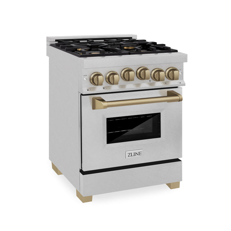 ZLINE Autograph Edition 24 in. Range with Gas Burner and Gas Oven in DuraSnow® Stainless Steel with Champagne Bronze Accents, RGSZ-SN-24-CB