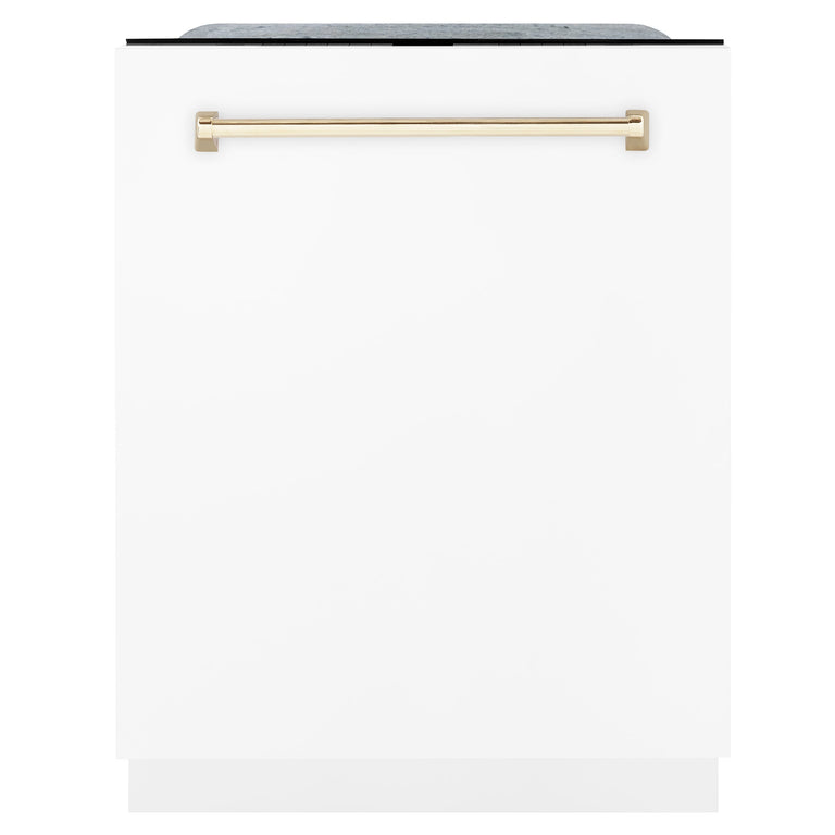 ZLINE Autograph Package - 36 In. Gas Range, Range Hood, Dishwasher in White with Gold Accents, 3AKP-RGWMRHDWM36-G