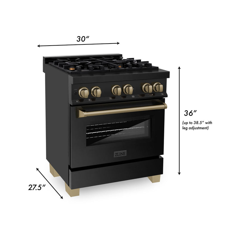 ZLINE Autograph Package - 30" Dual Fuel Range, Range Hood, Refrigerator, Dishwasher in Black Stainless with Bronze Accents