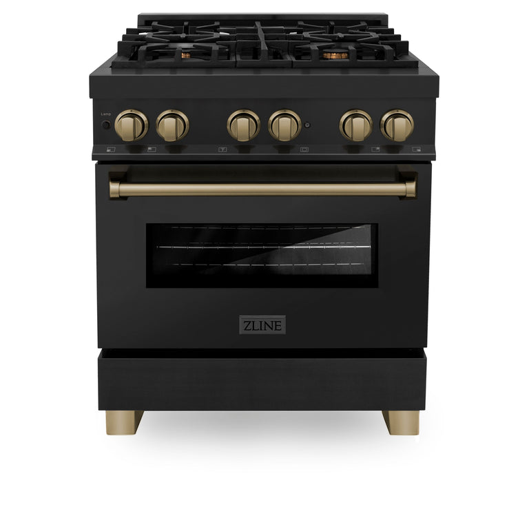 ZLINE Autograph Package - 30" Dual Fuel Range, Range Hood, Refrigerator, Dishwasher in Black Stainless with Bronze Accents