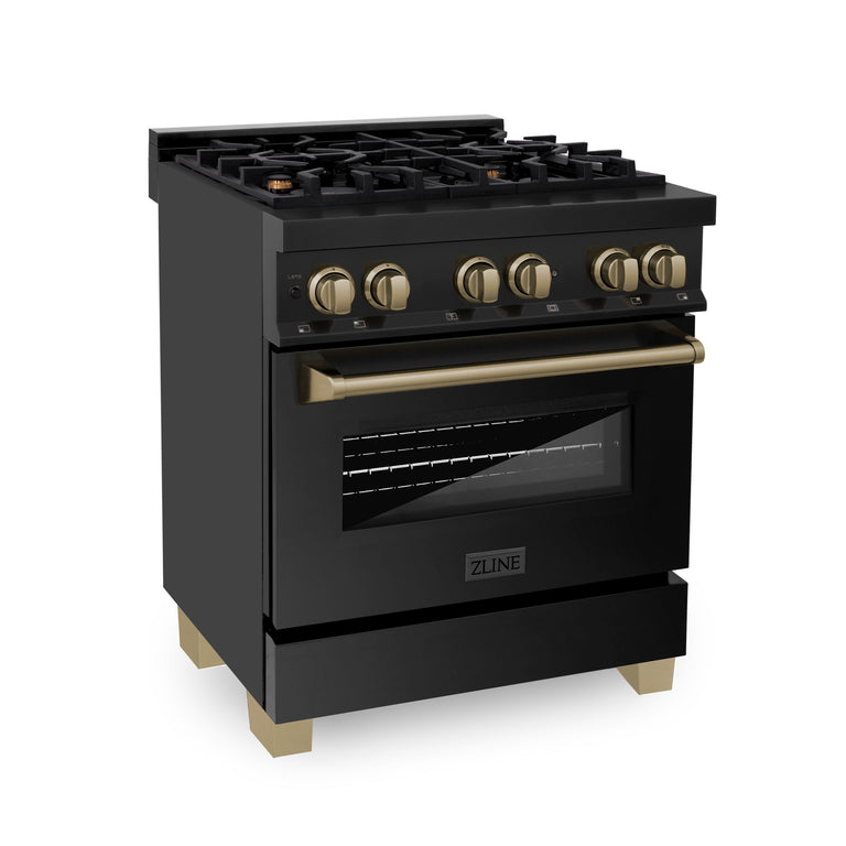 ZLINE Autograph Edition 30 In. 4.0 cu. ft. with Gas Stove and Electric Oven in Black Stainless Steel with Champagne Bronze Accents, RABZ-30-CB