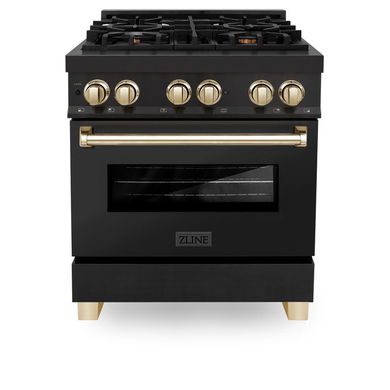 ZLINE Autograph Package - 30 In. Dual Fuel Range, Range Hood in Black Stainless Steel with Gold Accents, 2AKP-RABRH30-G