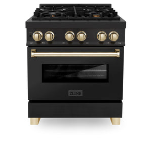 ZLINE Autograph Package - 30" Dual Fuel Range, Range Hood, Refrigerator, Dishwasher in Black Stainless with Gold Accents