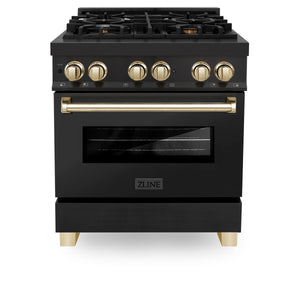 ZLINE Autograph Package - 30" Dual Fuel Range, Range Hood, Refrigerator, Dishwasher in Black Stainless with Gold Accents