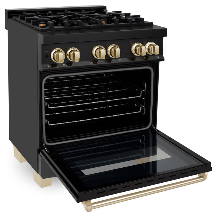 ZLINE Autograph Package - 30 In. Dual Fuel Range, Range Hood in Black Stainless Steel with Gold Accents, 2AKP-RABRH30-G