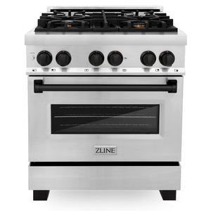 ZLINE Autograph Package - 30" Dual Fuel Range, Range Hood, Dishwasher, Refrigerator with Matte Black Accents