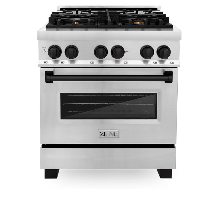 ZLINE Autograph Package - 30 In. Dual Fuel Range, Range Hood in Stainless Steel with Matte Black Accents, 2AKP-RARH30-MB