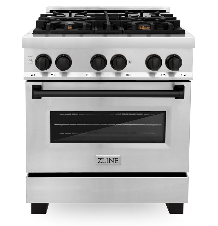 ZLINE Autograph Package - 30" Dual Fuel Range, Hood, Dishwasher, Refrigerator with Water and Ice Dispenser with Matte Black Accents