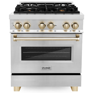 ZLINE Autograph 30" 4.0 cu. ft. Dual Fuel Range in Stainless Steel with Gold Accents, RAZ-30-G