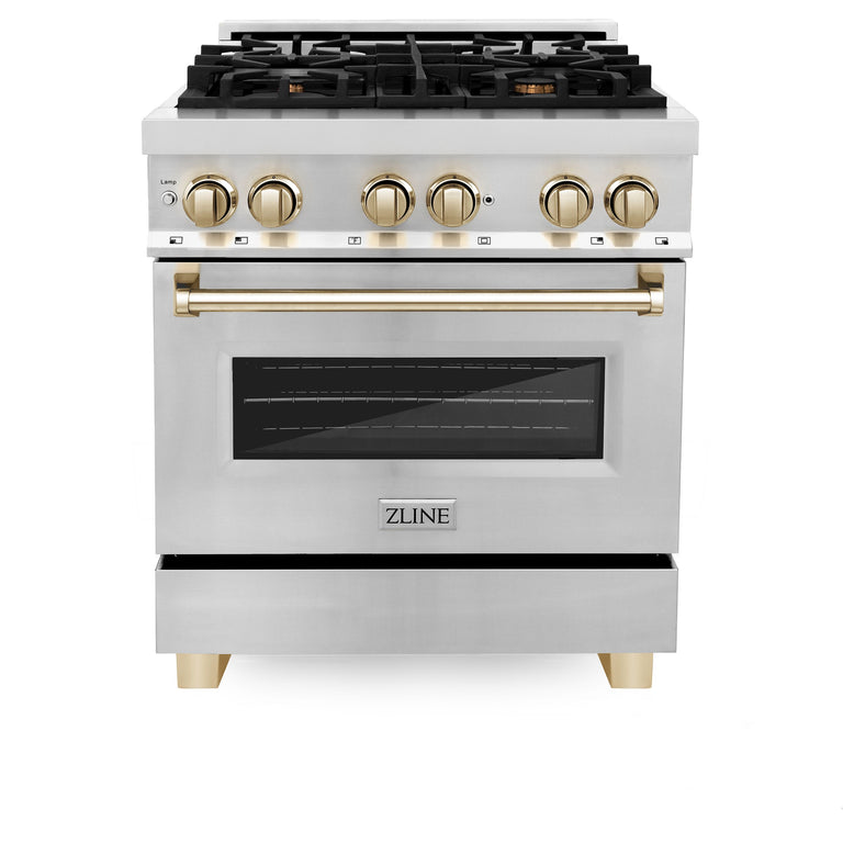 ZLINE Autograph Package - 30 In. Dual Fuel Range, Range Hood in Stainless Steel with Gold Accents, 2AKP-RARH30-G