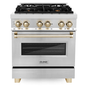 ZLINE Autograph Package - 30" Dual Fuel Range, Range Hood, Dishwasher, Refrigerator in Stainless Steel with Gold Accents, 4KAPR-RARHDWM30-G