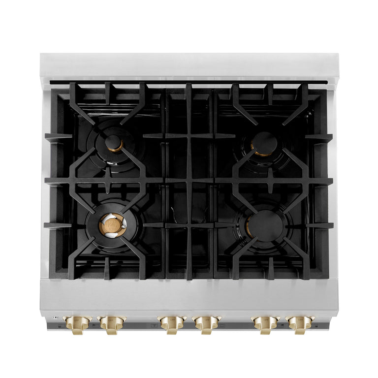 ZLINE Autograph Package - 30 In. Dual Fuel Range, Range Hood in Stainless Steel with Gold Accents, 2AKP-RARH30-G