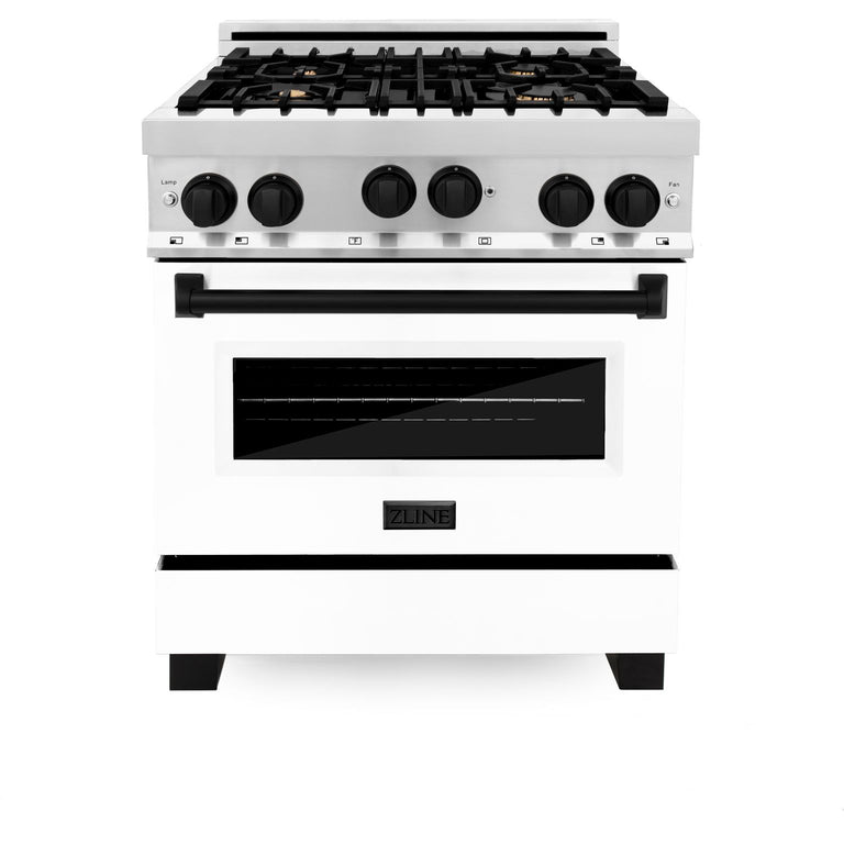 ZLINE Autograph Package - 30 In. Gas Range, Range Hood, Dishwasher in White with Matte Black Accents, 3AKP-RGWMRHDWM30-MB