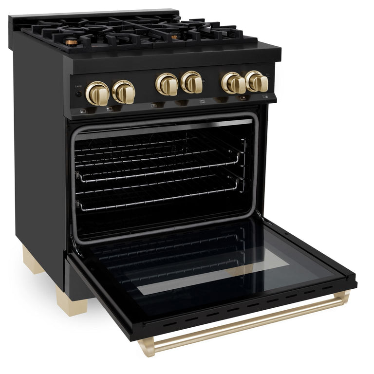 ZLINE Autograph Package - 30" Gas Range, Range Hood, Refrigerator, Dishwasher in Black Stainless with Gold Accents