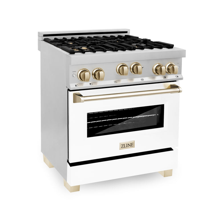 ZLINE Autograph Package - 30 In. Gas Range, Range Hood, Dishwasher in White Matte with Gold Accents, 3AKP-RGWMRHDWM30-G