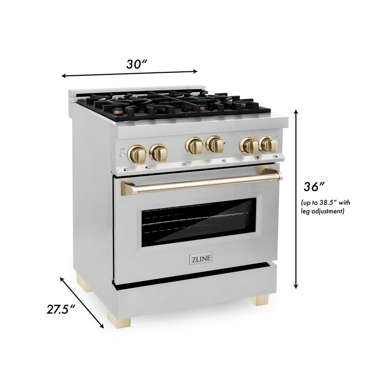 ZLINE Autograph Package - 30 In. Gas Range, Range Hood, Refrigerator, and Dishwasher in Stainless Steel with Gold Accents, 4AKPR-RGRHDWM30-G