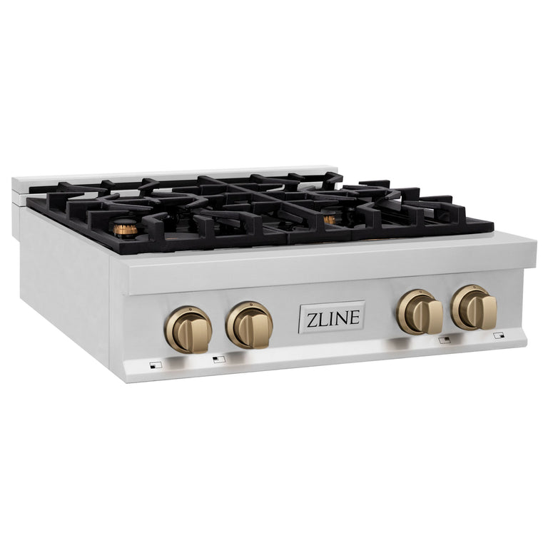 ZLINE Autograph Edition 30 in. Porcelain Rangetop with 4 Gas Burners in Stainless Steel and Champagne Bronze Accents, RTZ-30-CB
