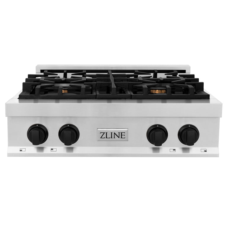 ZLINE Autograph Edition 30 in. Porcelain Rangetop with 4 Gas Burners in Stainless Steel and Matte Black Accents, RTZ-30-MB