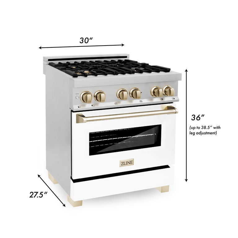 ZLINE Autograph Package - 30 In. Dual Fuel Range, Range Hood, Dishwasher in White Matte with Gold Accents, 3AKP-RAWMRHDWM30-G