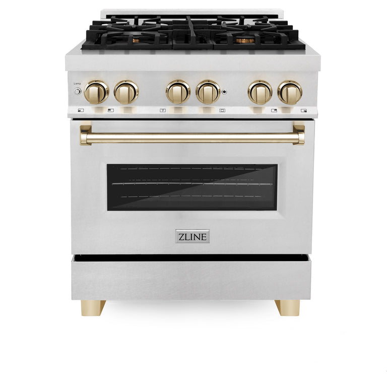 ZLINE Autograph Edition 30 in. Range with Gas Burner/Electric Oven in DuraSnow® Stainless Steel with Gold Accents, RASZ-SN-30-G