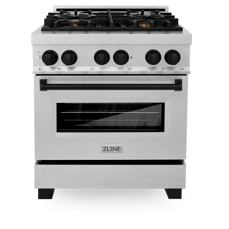 ZLINE Autograph Edition 30 in. Range with Gas Burner/Electric Oven in DuraSnow® Stainless Steel with Matte Black Accents, RASZ-SN-30-MB