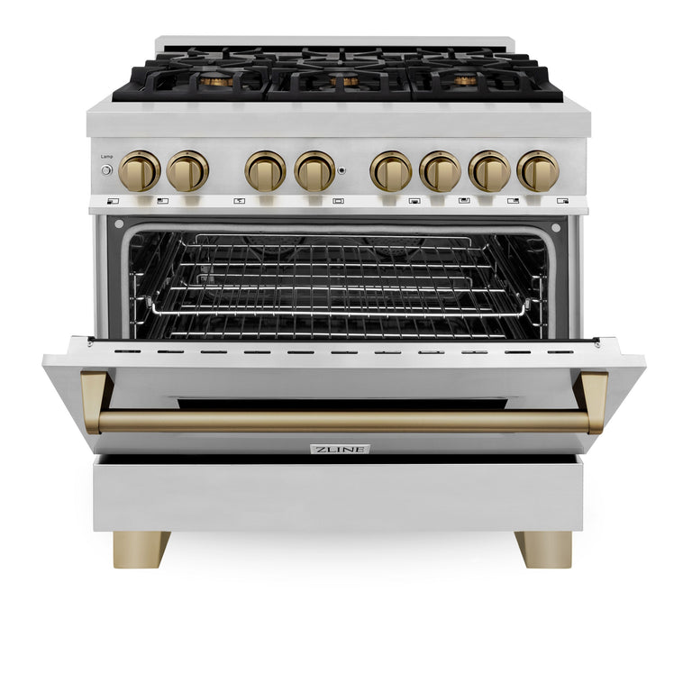 ZLINE Kitchen and Bath Autograph Package - 36 In. Dual Fuel Range, Range Hood in Stainless Steel with Champagne Bronze Accents, 2AKP-RARH36-CB
