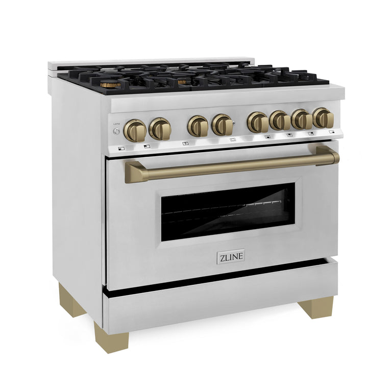 ZLINE Kitchen and Bath Autograph Package - 36 In. Dual Fuel Range, Range Hood in Stainless Steel with Champagne Bronze Accents, 2AKP-RARH36-CB