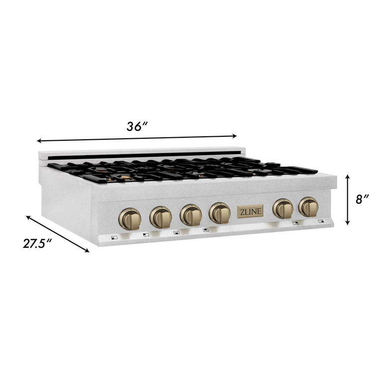 ZLINE Autograph Edition 36 In. Rangetop with 6 Gas Burners in DuraSnow® Stainless Steel and Champagne Bronze Accents, RTSZ-36-CB