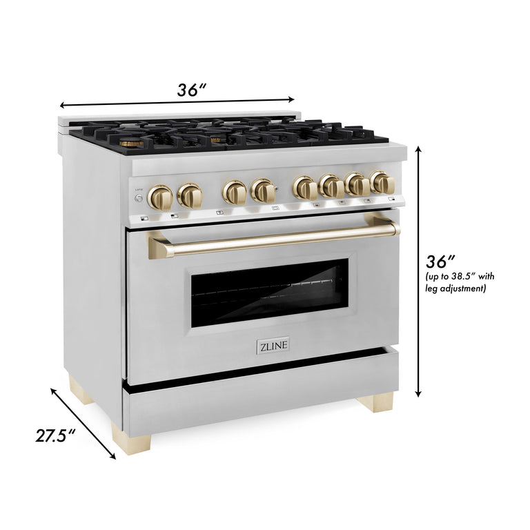 ZLINE Autograph Package - 36 In. Dual Fuel Range, Range Hood in Stainless Steel with Gold Accents, 2AKP-RARH36-G