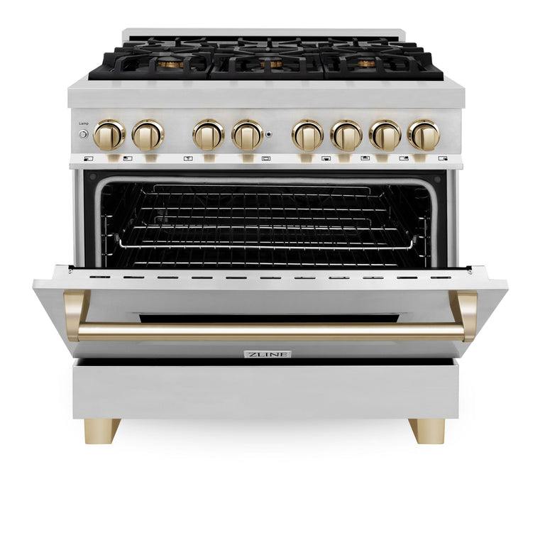 ZLINE Autograph Package - 36 In. Dual Fuel Range, Range Hood in Stainless Steel with Gold Accents, 2AKP-RARH36-G