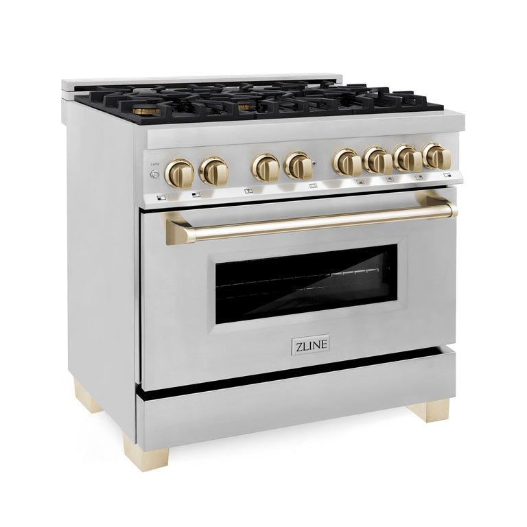 ZLINE Autograph Package - 36 In. Dual Fuel Range, Range Hood and Dishwasher in Stainless Steel with Gold Accents, 3AKP-RARHDWM36-G