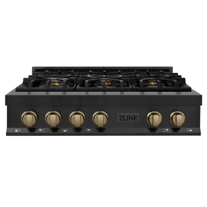 ZLINE Autograph Edition 36 Inch Gas Rangetop in Black Stainless Steel and Champagne Bronze Accents, RTBZ-36-CB