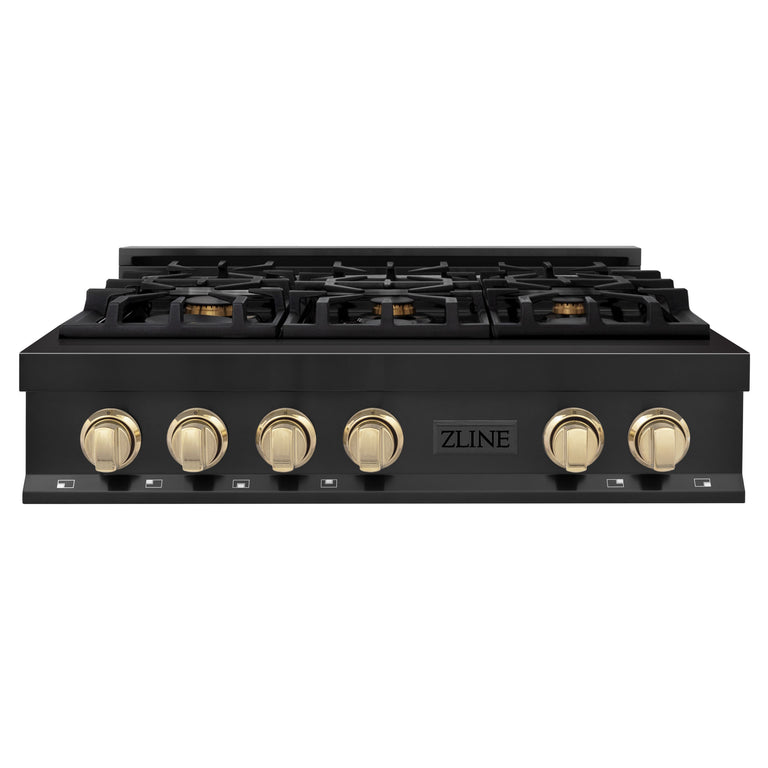 ZLINE Autograph Edition 36 Inch Porcelain Rangetop with 6 Gas Burners in Black Stainless Steel and Gold Accents, RTBZ-36-G