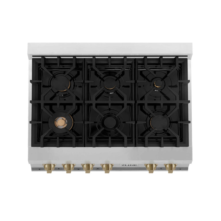 ZLINE Autograph Edition 36 Inch Porcelain Rangetop with 6 Gas Burners in Stainless Steel and Champagne Bronze Accents, RTZ-36-CB