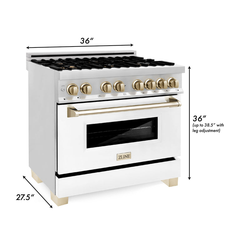 ZLINE Autograph Package - 36 In. Dual Fuel Range and Range Hood with White Matte Door and Gold Accents, 2AKP-RAWMRH36-G