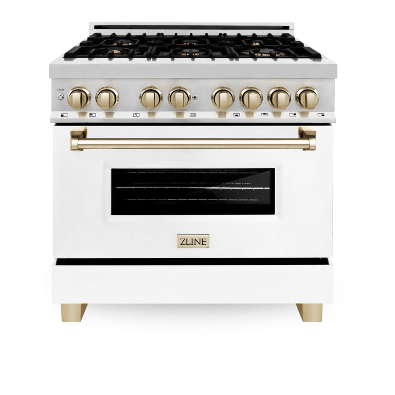 ZLINE Kitchen and Bath Autograph Package - 36 In. Dual Fuel Range, Range Hood, Dishwasher in White Matte with Gold Accents, 3AKP-RAWMRHDWM36-G