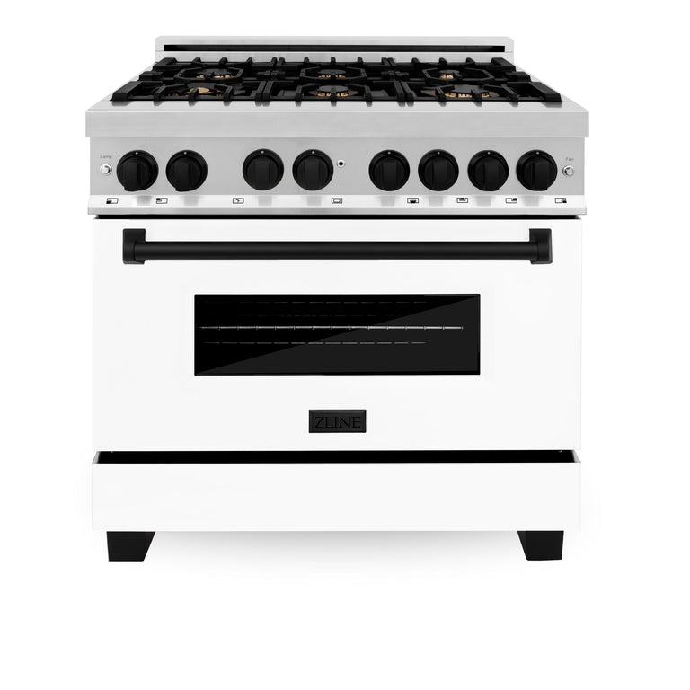 ZLINE Autograph Package - 36 In. Dual Fuel Range and Range Hood with White Matte Door and Matte Black Accents, 2AKP-RAWMRH36-MB