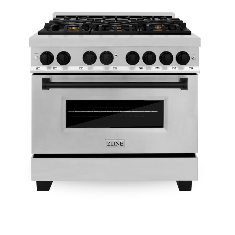 ZLINE Autograph Package - 36 In. Dual Fuel Range, Range Hood in Stainless Steel with Matte Black Accents, 2AKP-RARH36-MB