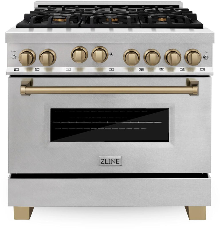 ZLINE Autograph Edition 36 in. Gas Range in DuraSnow® Stainless Steel with Champagne Accents, RGSZ-SN-36-CB