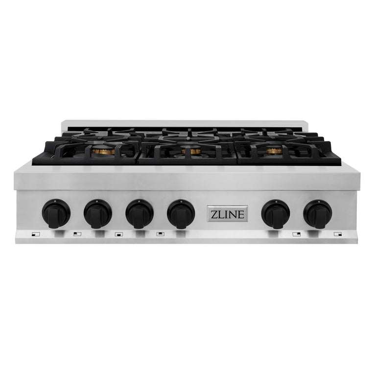 ZLINE Autograph Edition 36 in. Porcelain Rangetop with 6 Gas Burners in Stainless Steel and Matte Black Accents, RTZ-36-MB