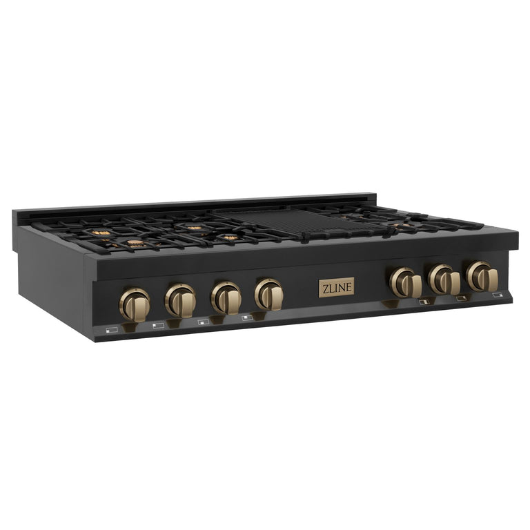 ZLINE Autograph Edition 48 In. Porcelain Rangetop with 7 Gas Burners in Black Stainless Steel and Champagne Bronze Accents, RTBZ-48-CB